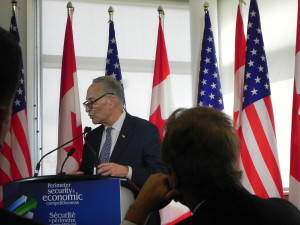 Senator Charles Schumer (D - Brooklyn) speaking at a February 24 press event at the Peace Bridge, marking the launch of a preclearance pilot program that had been stalled for many years by the Department of Homeland Security.