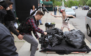 “Trew Calling” actress Kate Armstrong Ross takes a fall out in front of Hutch’s on Delaware.