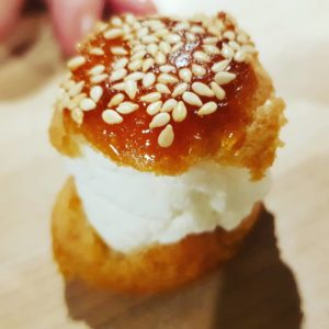 Simple whipped cream & pâte à choux top with sesame caramel