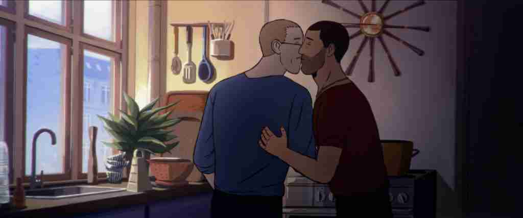 Two male characters kissing - animated