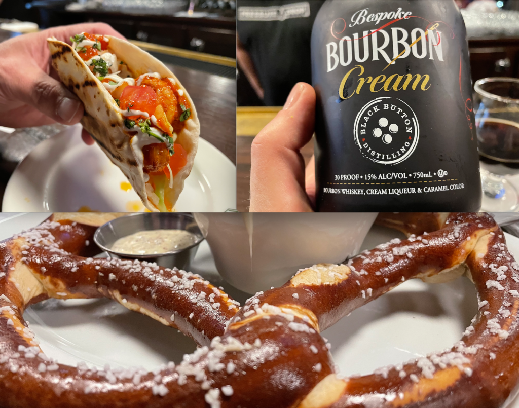 Photo of pretzel, taco, and bottle of Bespoke Bourbon Cream by Black Button Distilling
