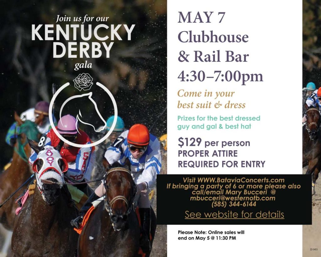 Ad for Kentucky Derby Gala at Batavia Downs with an image of horse racing from the Kentucky Derby
