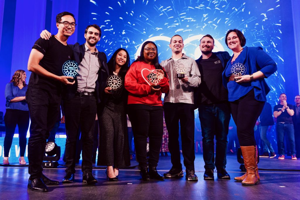 Last year's winners of 43 North's competition pose with their trophies