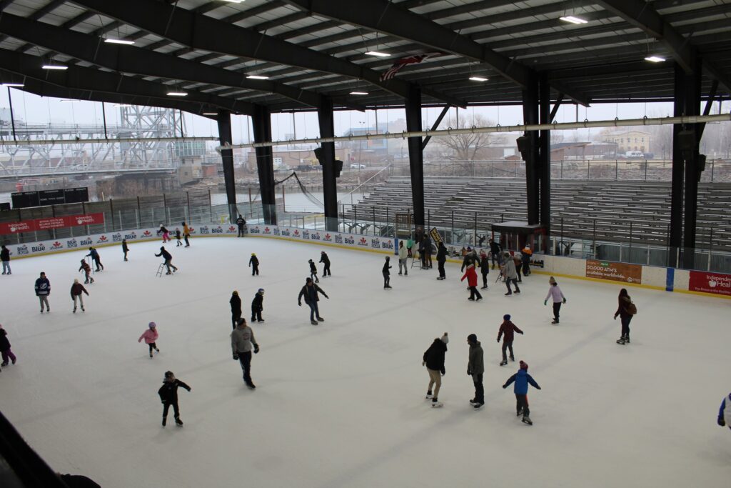 Patrons enjoy ice skating at Buffalo Riverworks